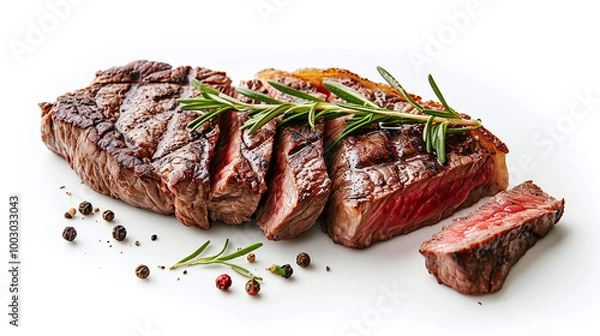 Fototapeta Deliciously juicy sliced beef ribeye steak, isolated on white background, close up, top view