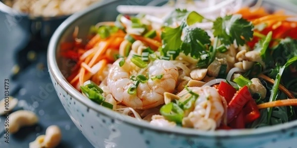 Fototapeta Close-up view of stir-fried noodles with prawns, nuts, and fresh vegetables in a white dish.