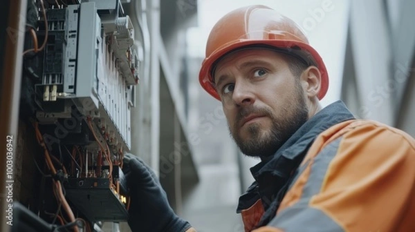 Obraz copy space, stockphoto, Candid shot of a maler commercial electrician at work on a fuse box, adorned in safety gear, demonstrating professionalism. maleengineer working on an electicity installation.