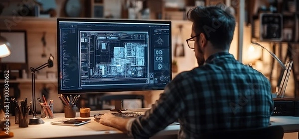 Fototapeta Man working on a computer with a blueprint on the screen.