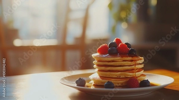 Fototapeta Delicious stack of pancakes topped with fresh berries and syrup in warm morning light