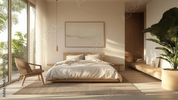Obraz serene minimalist bedroom bathed in soft natural light organic textures and neutral palette create calming atmosphere contemporary furniture with clean lines complements warm wooden accents