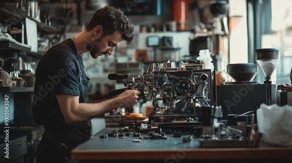 Fototapeta A technician is focused on disassembling an espresso machine at a coffee shop, surrounded by various coffee-making tools and equipment, showcasing expertise in maintenance