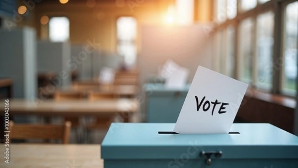 Fototapeta Voting ballot in a blue box in an empty polling station, emphasizing civic engagement