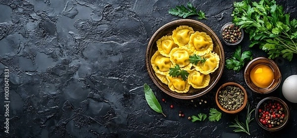 Fototapeta Fresh ravioli on black background with ingredients for cooking.