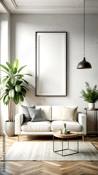 Obraz Home Vertical black frame mockup mockup, white luxury minimalist living room interior, 3d render