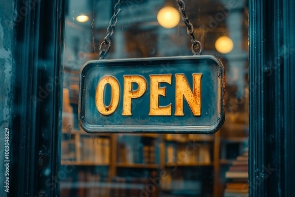 Fototapeta A close-up shot of a rustic, vintage-style “Open” sign hanging in the window of a quaint bookstore.