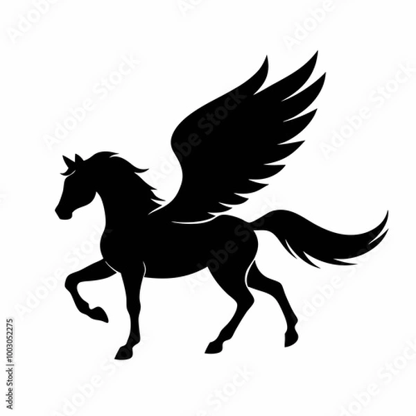 Fototapeta a black and white silhouette of a pegasus, a mythical creature with wings. The horse is in a galloping position, with its body stretched