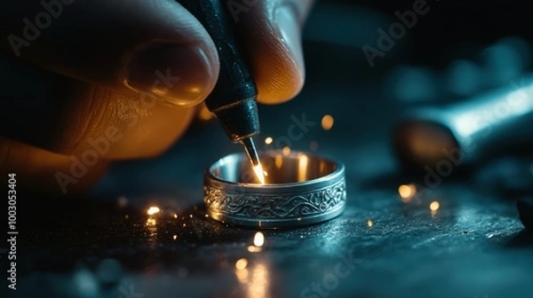 Fototapeta A skilled jewelry designer is focused on engraving intricate patterns into a silver ring using a precision tool. The workshop is filled with a warm glow as sparks fly