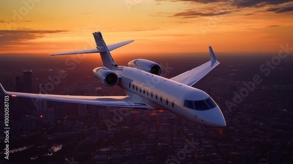 Fototapeta A private jet flying over a city skyline during sunset, showcasing luxury travel.