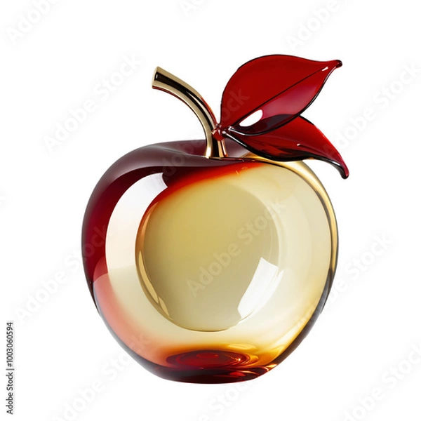 Fototapeta Stylized glass apple with a gradient red-to-yellow hue, gold stem, and translucent leaf on a sleek black background, emphasizing vibrant colors and craftsmanship, generative AI