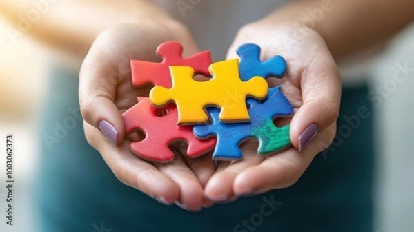 Fototapeta Hands holding colorful puzzle pieces, symbolizing problem-solving and creativity.