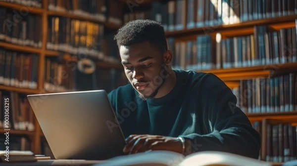 Fototapeta happy black student sitting in the university library