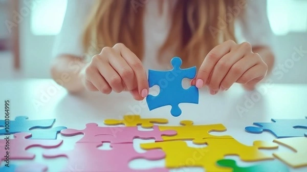 Fototapeta A person holding a blue puzzle piece over a colorful assortment of puzzle pieces on a table.