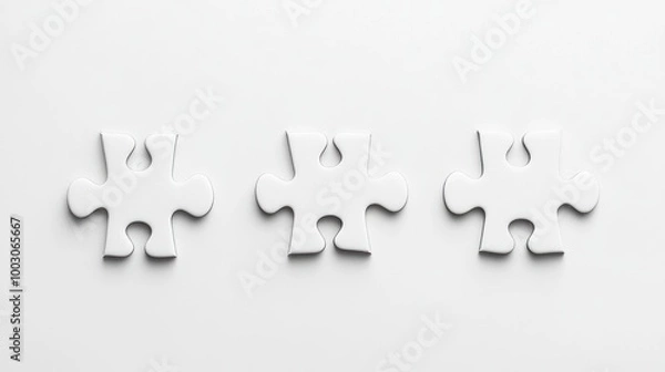 Fototapeta Three white puzzle pieces on a plain background, symbolizing connection and problem-solving.
