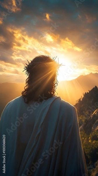 Fototapeta Jesus Christ with a crown of thorns on his head, seen from behind, looking at the sun in a mountainous landscape