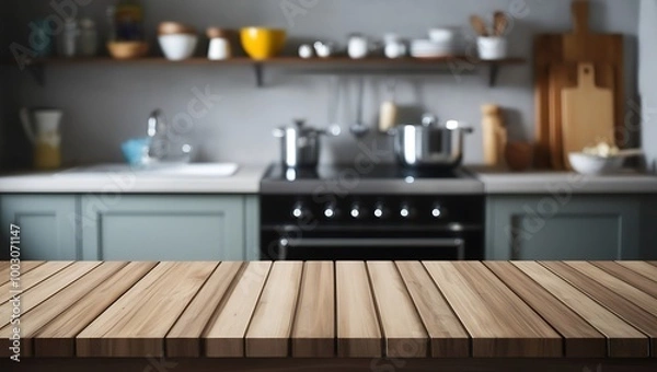 Obraz Modern kitchen interior with wooden empty table. Generative Ai.
