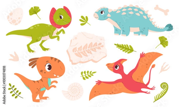 Obraz Set of cute, colorful dinosaurs. Pterodactyl, Ankylosaurus, Dilophosaurus in cartoon style. Fossils. Ammonite, Fossilized fern footprint, plant leaves, egg, bone, dinosaur footprints.