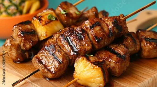 Fototapeta Pineapple and pork kebabs with teriyaki sauce, displayed on a wooden cutting board against a bold blue and orange backdrop
