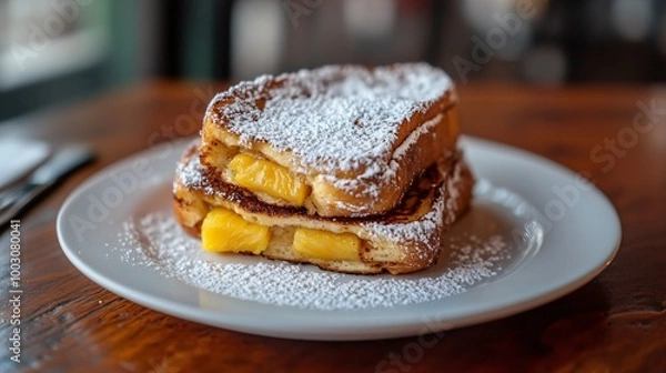 Fototapeta Pineapple-stuffed French toast with powdered sugar, served on a modern white plate with a contrasting dark wood background