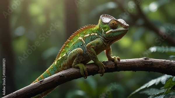 Fototapeta realistic illustration of a green chameleon on the branch of tree