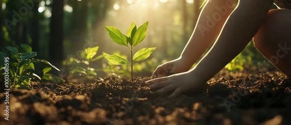 Fototapeta Childs hands planting a sapling in rich soil, with soft sunlight filtering through a forest