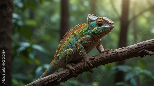 Fototapeta realistic illustration of a green chameleon on the branch of tree