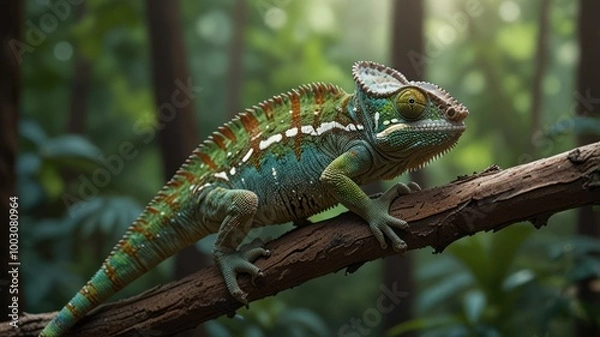 Fototapeta realistic illustration of a green chameleon on the branch of tree