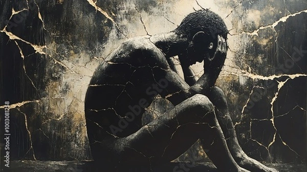 Fototapeta Figure curled in a cracked surface, evoking vulnerability and inner turmoil