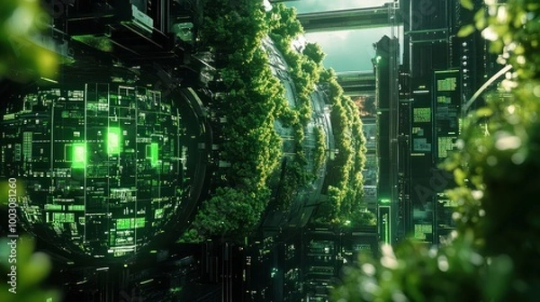 Fototapeta Digital future in the field of green energy. Generative AI.