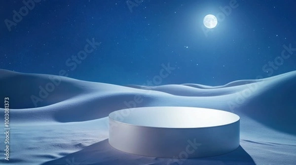 Fototapeta A surreal landscape featuring a circular platform under a full moon in a snowy desert.