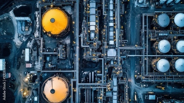 Fototapeta Aerial view of industrial facility with storage tanks and pipelines illuminated at night.