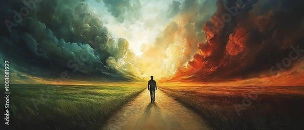 Fototapeta Man at a fork in the road, one side lush and green, the other barren, under dramatic skies