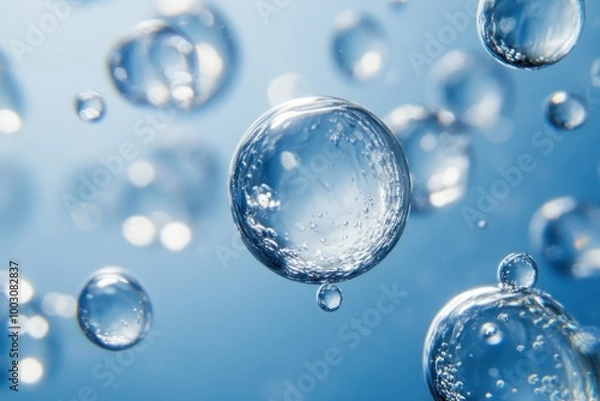 Fototapeta Bubbles suspended in clear blue water create a tranquil and serene underwater environment during daylight hours