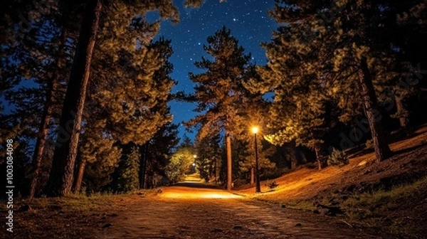 Fototapeta A serene night scene of a forest path illuminated by a streetlight under a starry sky.