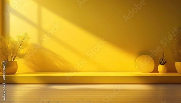 Fototapeta yellow wall, 3D background studio room for product presentation. Yellow wall and floor with a podium, Yellow wall and floor with a podium. Tabletop with sunlight from the window.