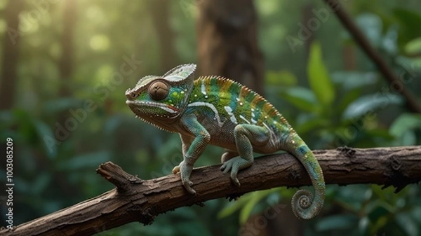 Fototapeta realistic illustration of a green chameleon on the branch of tree