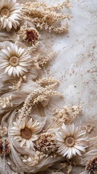 Fototapeta Edelweiss flowers on soft color background, romantic feminine composition, wedding invitation concept.