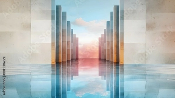 Obraz Abstract Architecture with Water Reflection and Sunset Sky