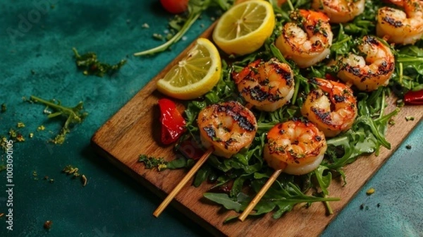 Fototapeta Grilled arugula and shrimp skewers with lemon drizzle, placed on a wooden cutting board with a deep teal background