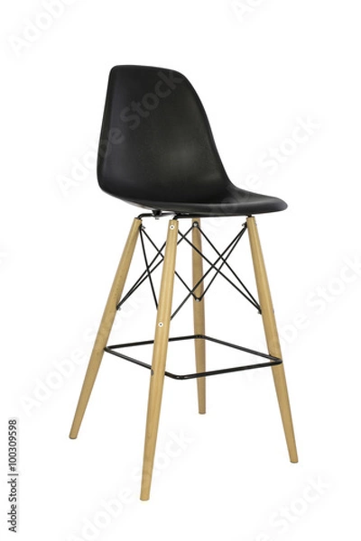 Obraz Black Plastic Bar Stool with Wooden Legs on White Background, Three Quarter View