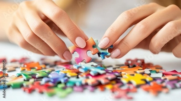 Fototapeta A person assembling a colorful jigsaw puzzle from a scattered collection of pieces.