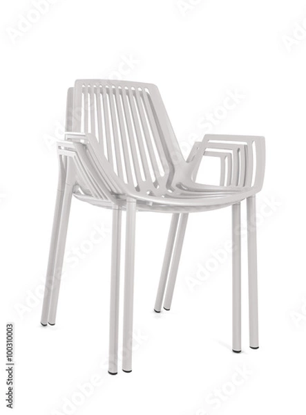 Obraz Stacked White Metal Chairs on White Background, Three Quarter View