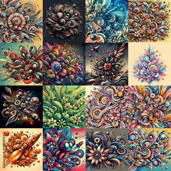Fototapeta Funyy futurism art style flowers background. AI generated illustration
