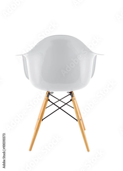 Obraz White Shiny Plastic Chair with Wooden Legs on White Background, Rear View