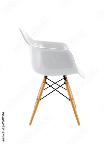 Obraz White Shiny Plastic Chair with Wooden Legs on White Background, Side View