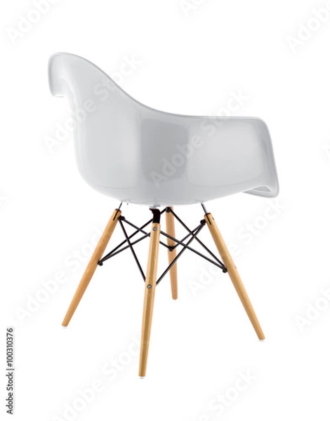 Obraz White Shiny Plastic Chair with Wooden Legs on White Background, Three Quarter Rear View