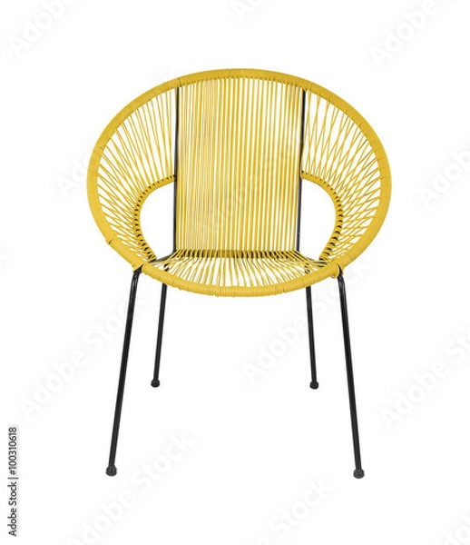 Fototapeta Yellow Rattan Outdoor Chair on White Background, Front View