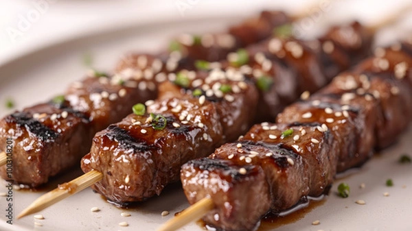 Obraz Grilled meat skewers with sesame seeds on a plate.