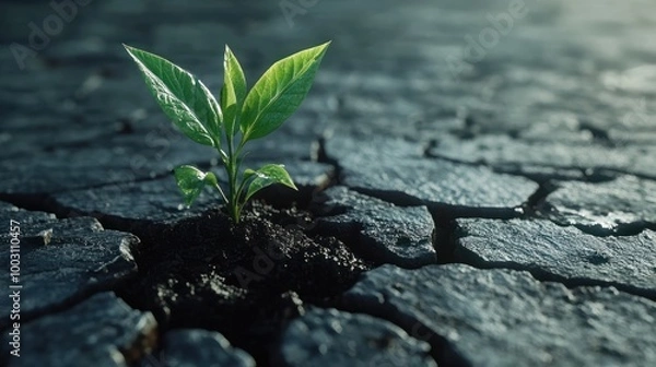 Fototapeta Young plant growing from cracked earth.